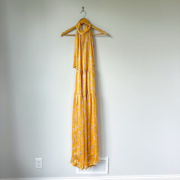 Sabina Musayev Donolita Sleeveless Floral Pleated Halter Maxi Dress Yellow M NWT - Picture 2 of 11